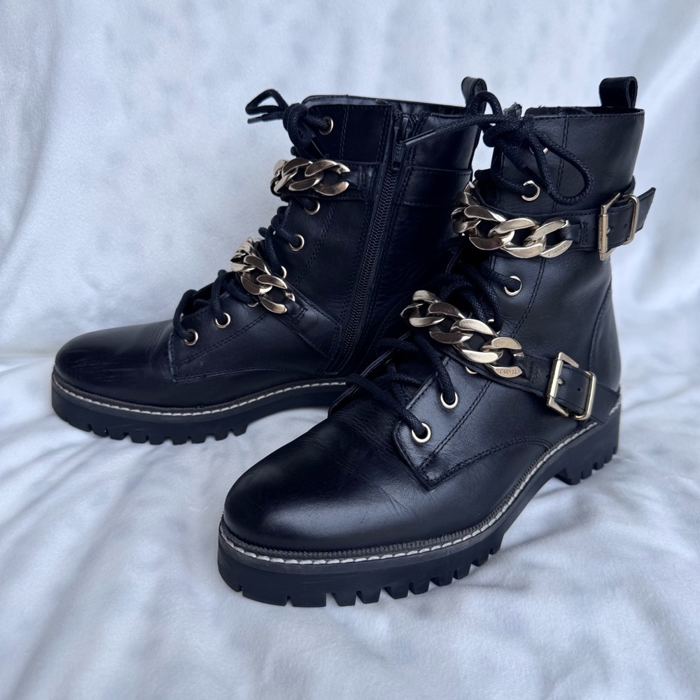 Black Leather Combat Boots lug soles brass chain buckle lace moto biker goth 8